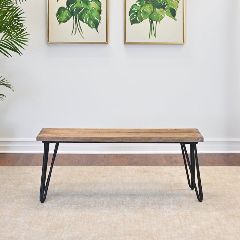 Industrial Wood Dining Bench with Rustic Dark Pine Finish