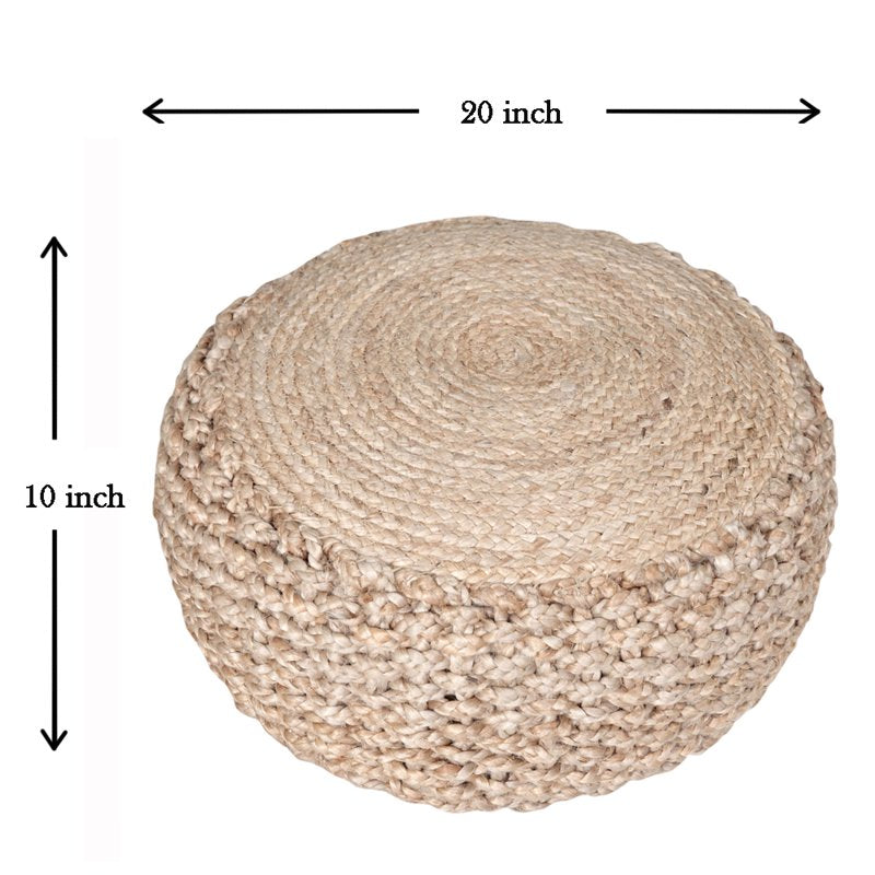 Natural Jute Round Pouf Ottoman - Hand-Braided, Indoor Seat & Table