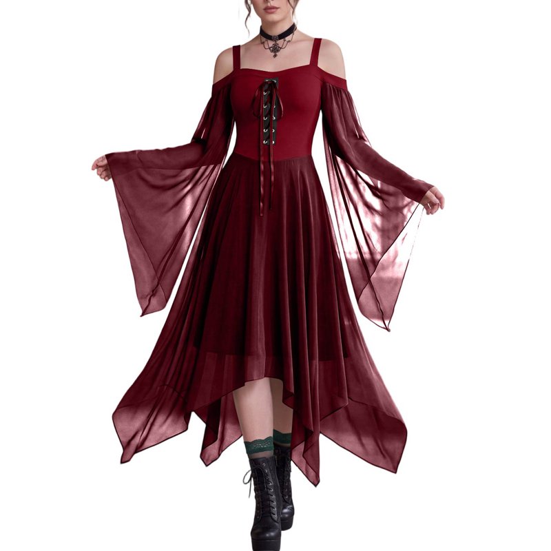 Halloween Witch Costume Women 2026 Bat Sleeve Dress Vampire Gothic Dress - Wine 2XL