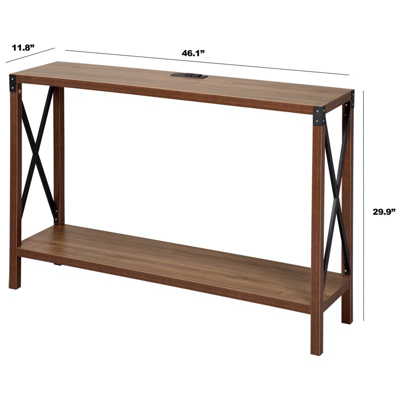 Industrial Rectangular Wood Console Table with USB Charging Ports - Walnut