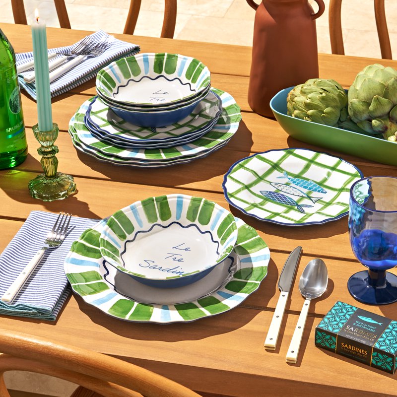 12-Piece Bamboo Melamine Dinnerware Set - Multi-Color Sardine Pattern