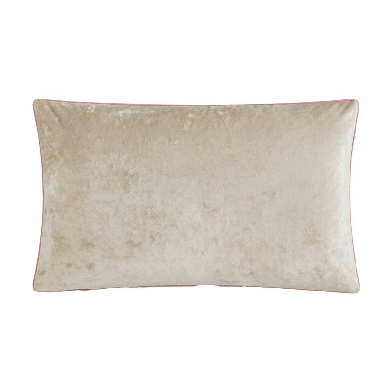 Velvet Lumbar Pillow with Embroidered Floral Design - Beige 14x24 Inches