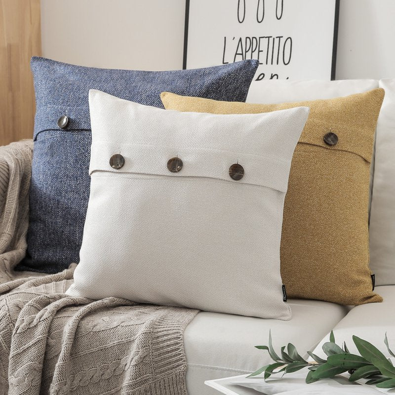 Farmhouse Style Throw Pillow Set - 18x18 Inch Triple Button Decorative Cushions - Yellow Green - 2 Pack