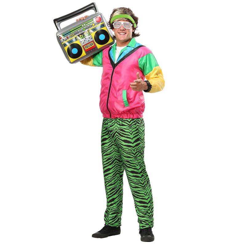 Men's 80s Jock Costume M - Retro Neon Jacket & Tiger Striped Pants