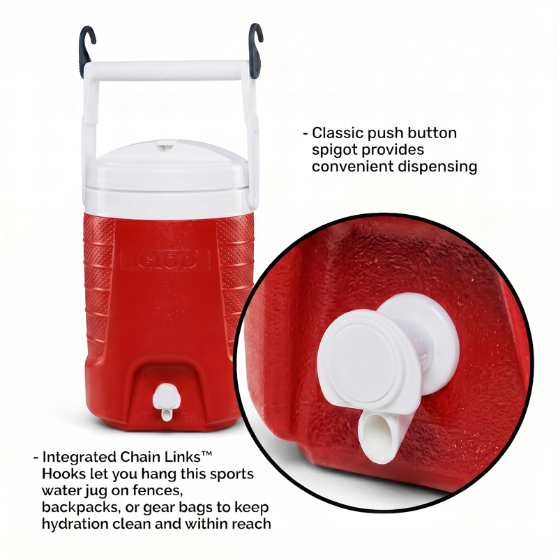 2 Gallon Sports Beverage Jug with Hooks - Red