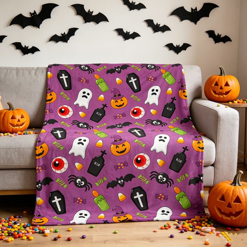 Guodhu Halloween Flannel Throw Blanket - Purple, 70x100cm Cozy Decorative Nap Blanket for Sofa Couch Bedroom Office Variation #11