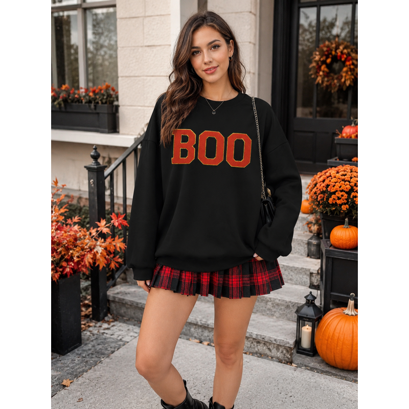 Black XXL Halloween Sweatshirt for Women Boo Embroidered Spooky Season Pullover