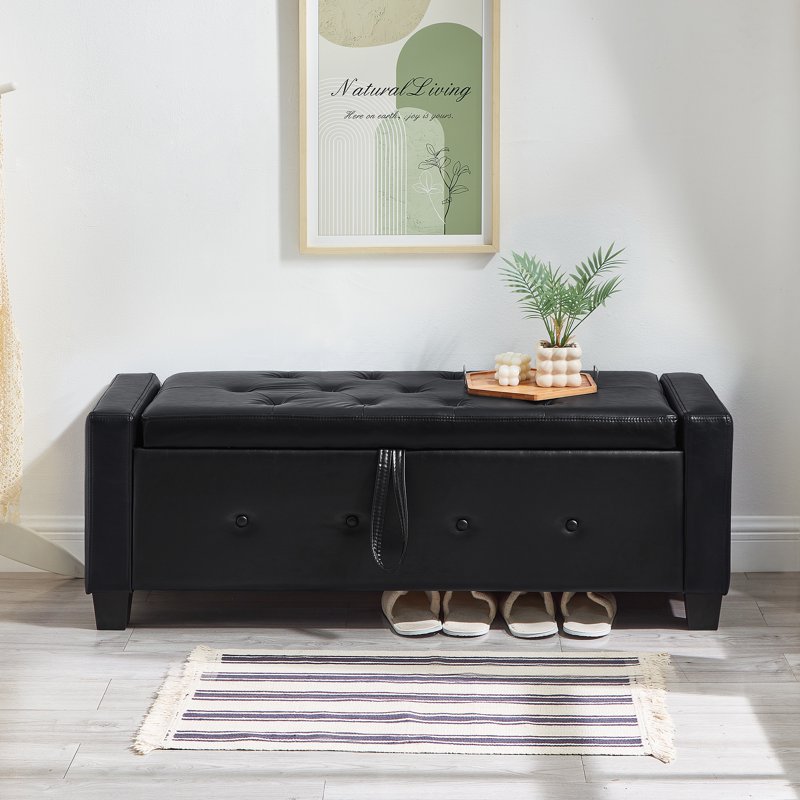 Spacious Faux Leather Storage Ottoman Bench - Black, 48"