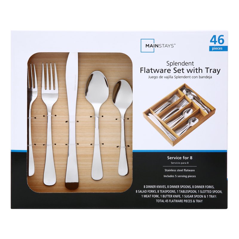 45-Piece Stainless Steel Flatware Set with Wooden Tray - 2 Pack