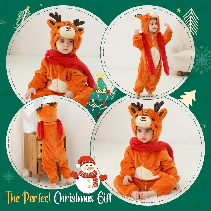 Baby Animal Costume Romper Unisex Winter Flannel Hoodie - Deer, 0-6 Months