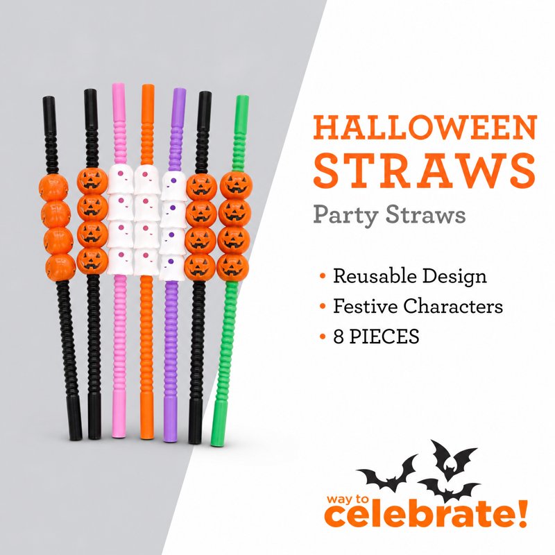 Halloween Party Drinking Straws Set - Jack-o'-Lantern & Ghost Decor, 8 Pieces