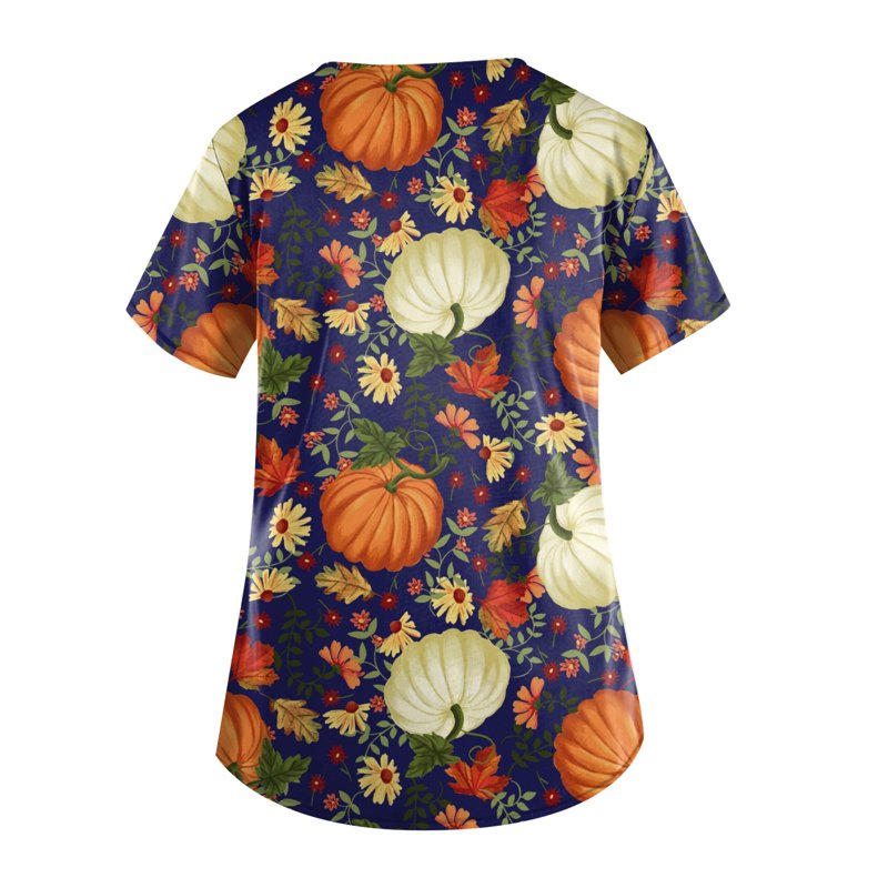 Navy Plus Size Halloween Pumpkin-Headed Bat Printed Scrub Top with Pockets - S Variation