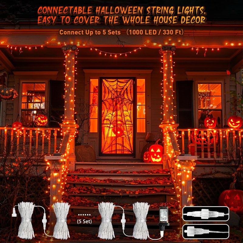 Orange Halloween String Lights 200 LEDs, Outdoor Indoor Connectable Fall Decor