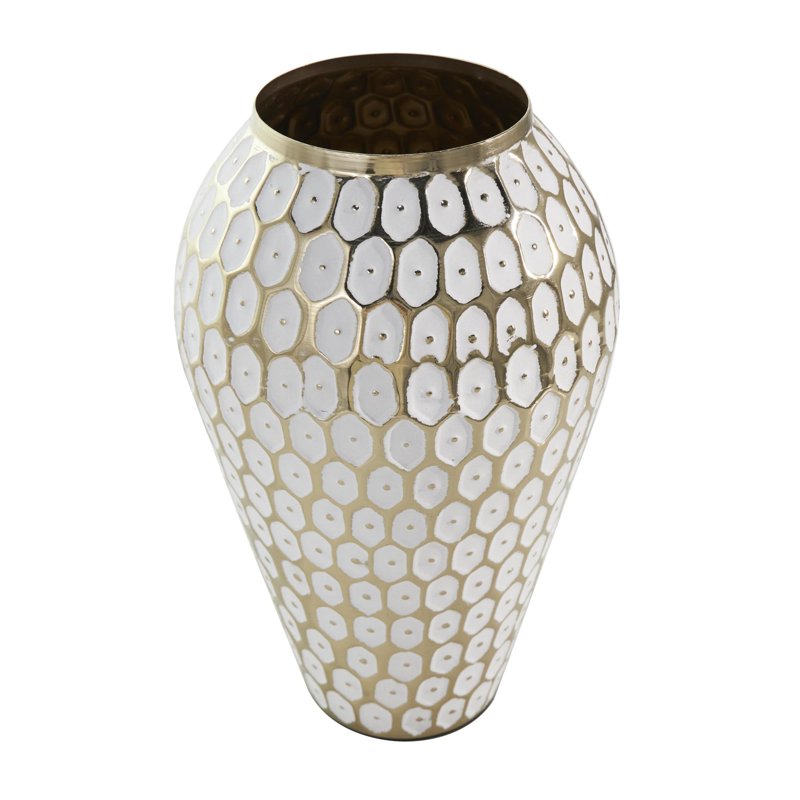11" Gold Metal Geometric Dot Vase with White Accents - Round