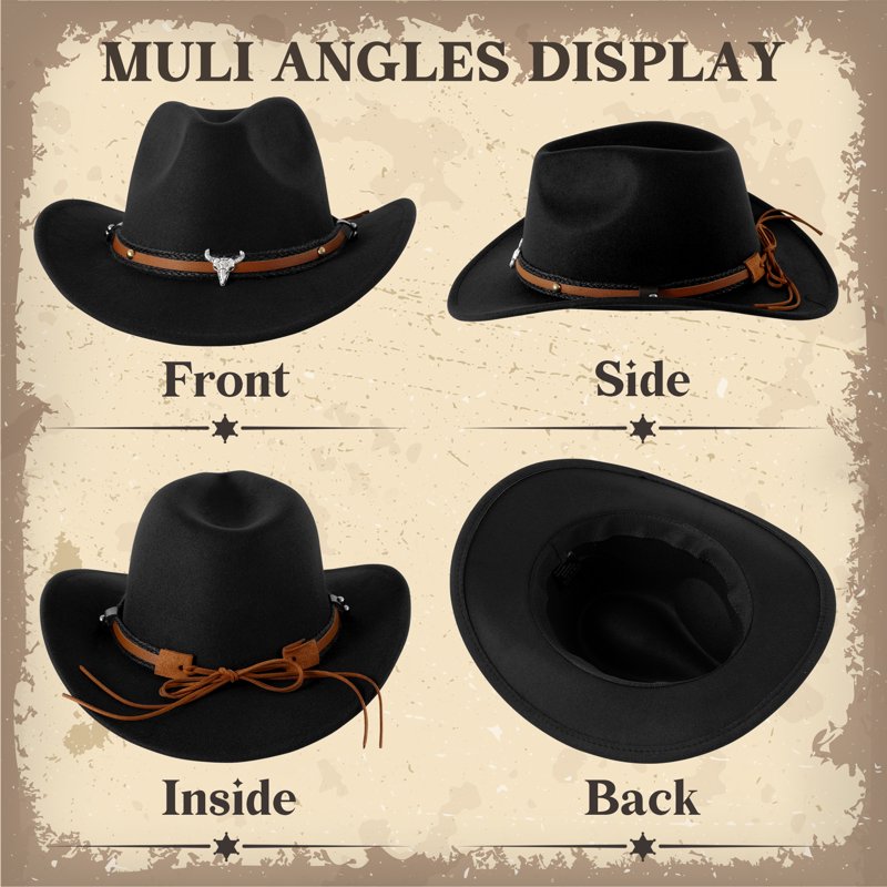 Black Wide Brim Cowboy Hat for Adults Unisex Western Rodeo Costume
