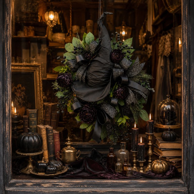 Gothic Black Rose Witch Hat Halloween Wreath Front Door Decor