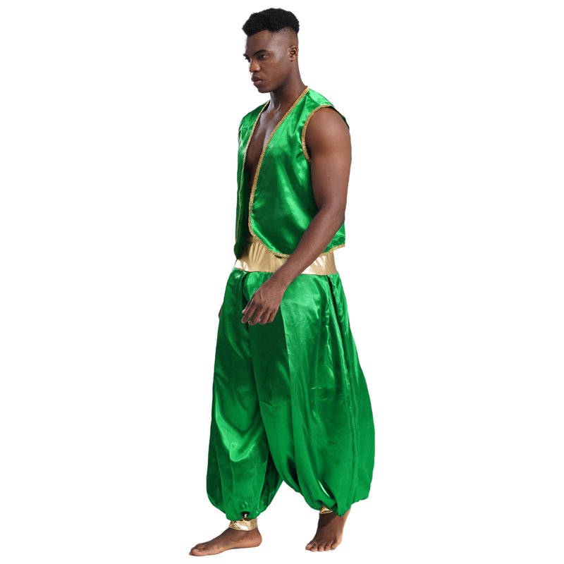 Mens Arabian Prince Costume Open Front Vest and Pants Set — Green & Green, Medium