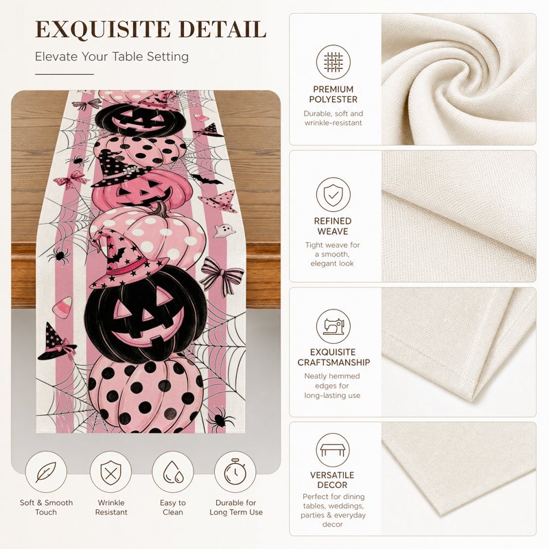 Halloween Table Runner 13x72 Inch Polka Dot Pink Pumpkin Witch Ghost Bat Web