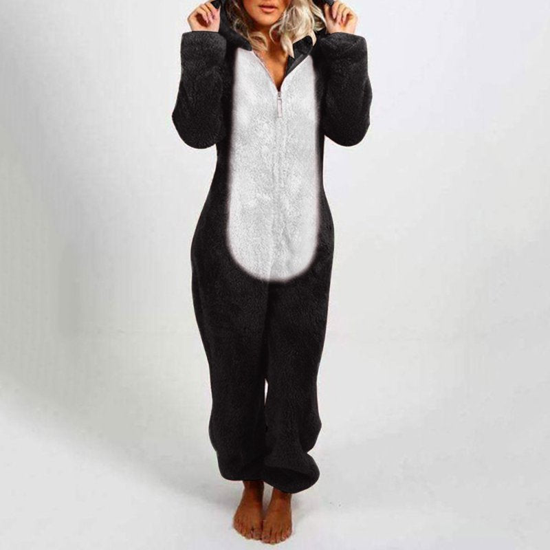 Women’s Sherpa Fleece Jumpsuit with Cat Hood, Black XL Winter Pajamas