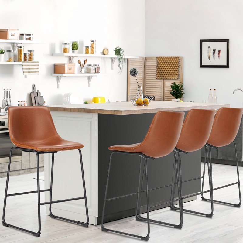 Counter Height Bar Stools Set of 4 - Faux Leather, 30 Inch - Brown