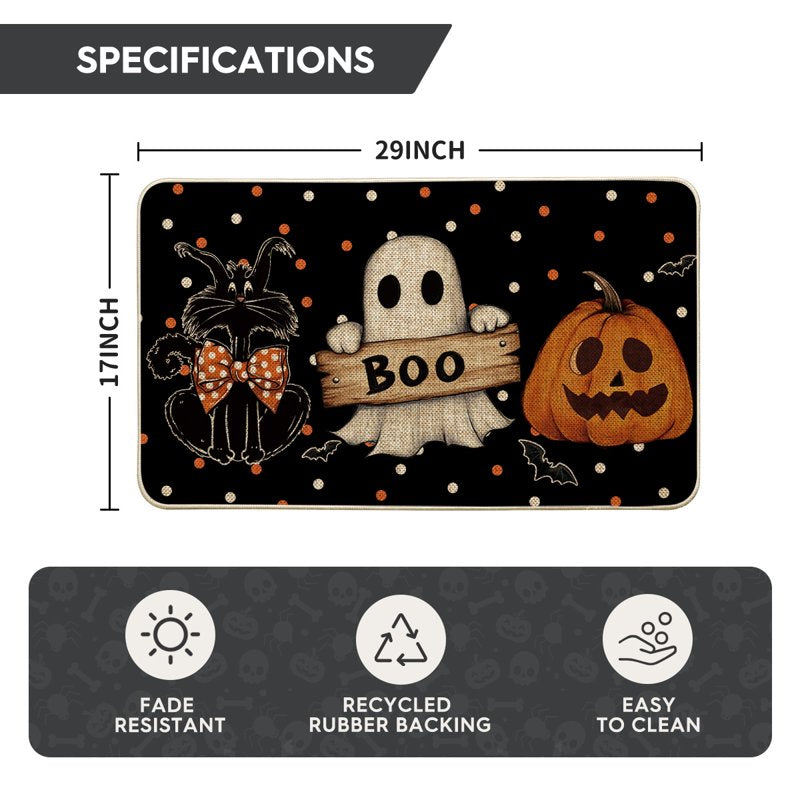 Halloween Welcome Doormat 17x29 Inch Polka Dot Black Cat Ghost Jack-O'-Lantern