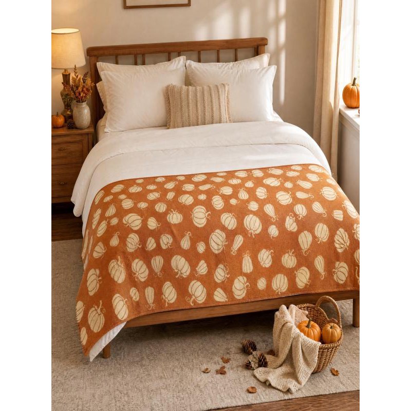 Orange Thanksgiving Pumpkin Leaf Pattern Flannel Throw Blanket - Soft Polyester Seasonal Decor Cover for Sofa Bed Couch Camping Travel 51x59In - Variation: Orange