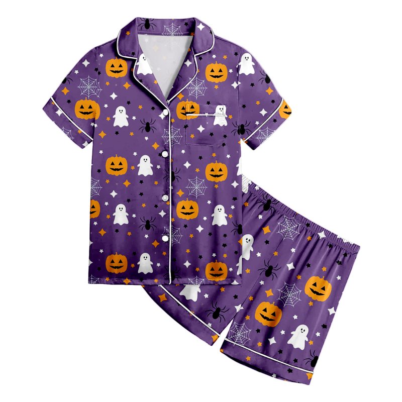 Kakishop Boys Satin Pajama Set Halloween Pumpkin Print Short Sleeve 2 Piece - Purple, 6-7 Years (Variation Z03-Purple, 6-7 Years)