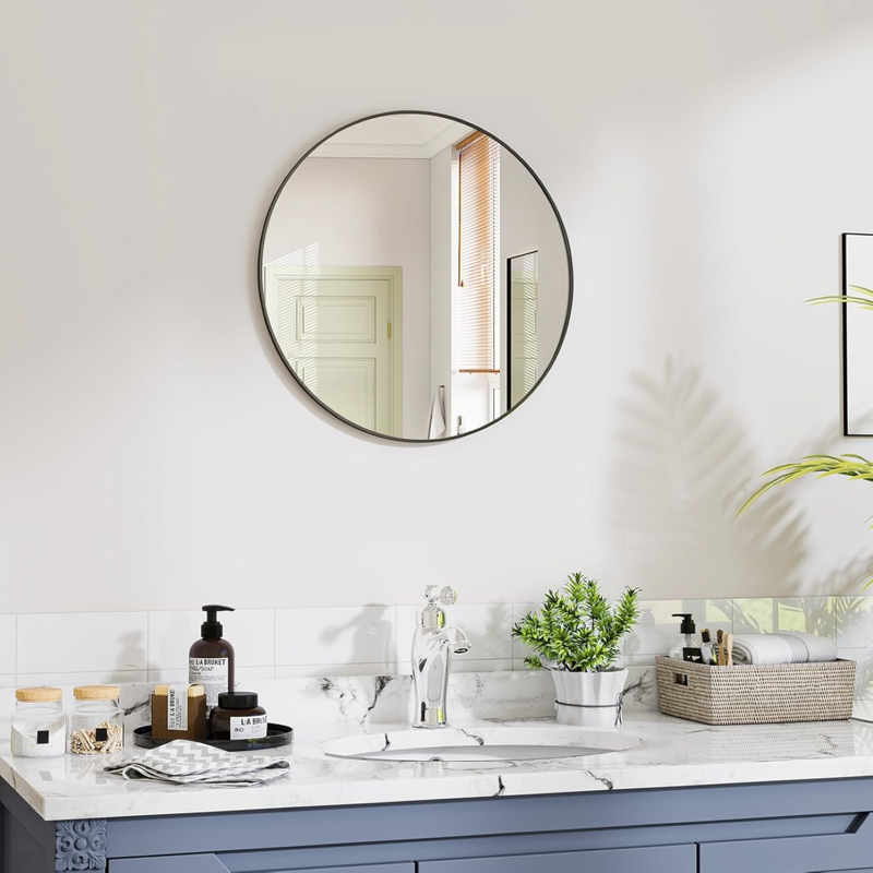 20 Inch Round Wall Mirror with Aluminum Alloy Frame Black - Vanity & Bathroom Decor - Variation of THIS listing