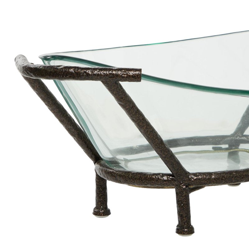 Clear Glass Kitchen Serving Bowl with Brown Metal Base - 26" x 9"