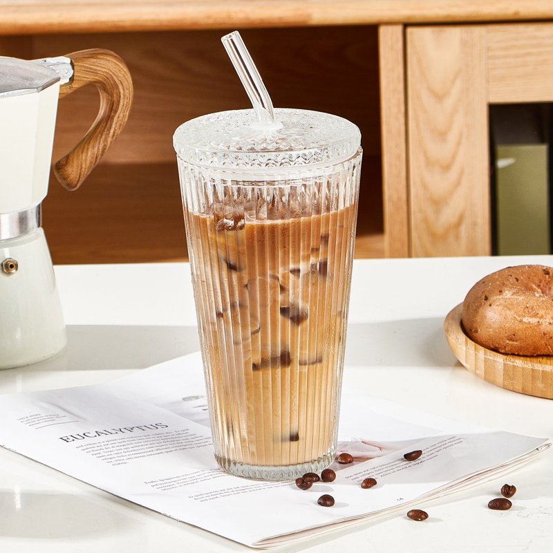 21 oz Ribbed Glass Tumbler with Lid & Straw - Clear, 2 Pack