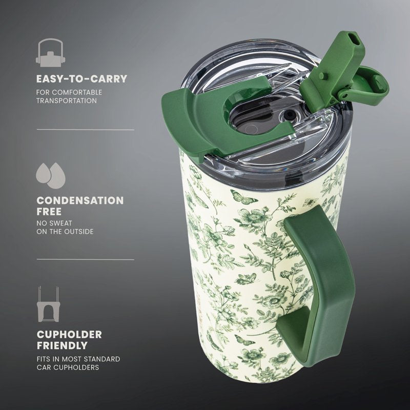 24oz Stainless Steel Luna Tumbler with Handle & Dual Straw Lid - Green Floral