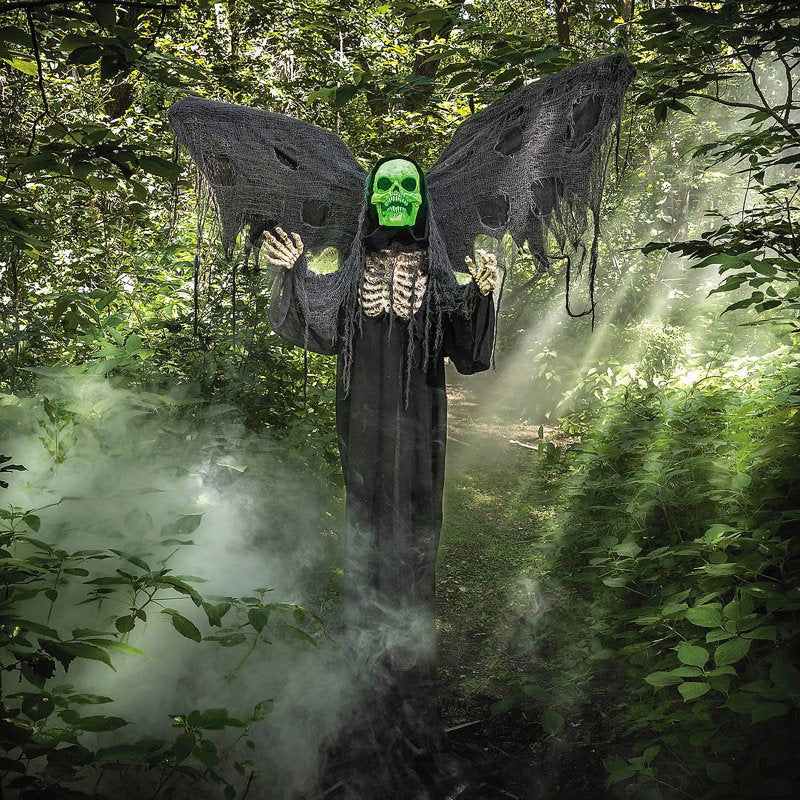 Standing Skeleton Reaper Halloween Decoration with Moving Wings & Light-Up Face - 5'6"
