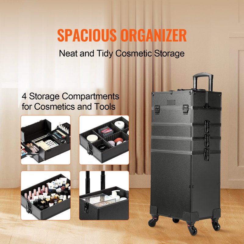 5-in-1 Rolling Makeup Train Case - Large Capacity Cosmetic Organizer