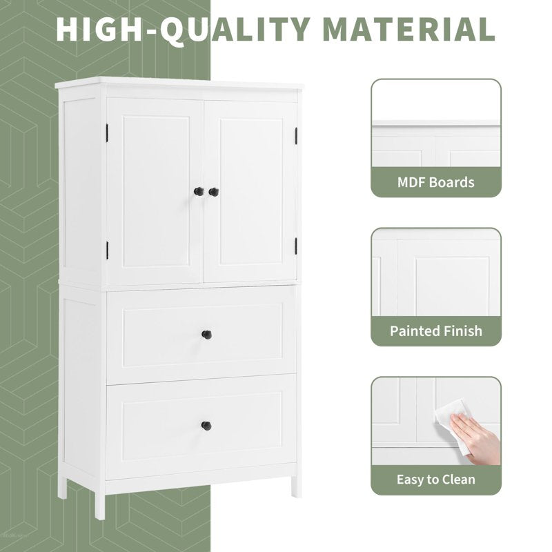 Bathroom Floor Storage Cabinet with 2 Drawers & 2 Doors - White, Adjustable Shelf