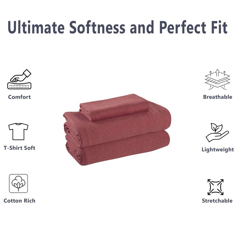 Cotton Rich Jersey Twin-XL Bed Sheet Set - Red Sedona, 3 Pieces