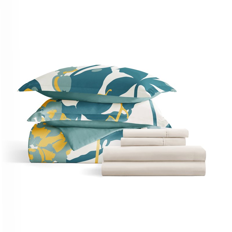 Twin XL Duvet Cover Set with Comforter and Sheets - Boho Flower Teal, 7 Pieces