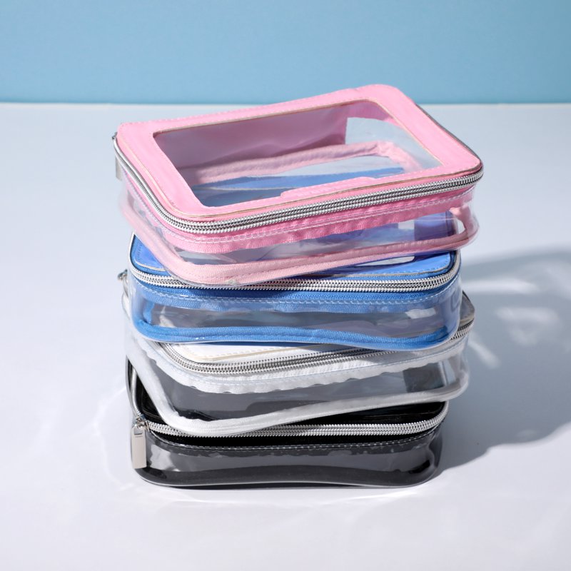 Clear Travel Organizer Bag with White Piping for Cosmetics and Toiletries