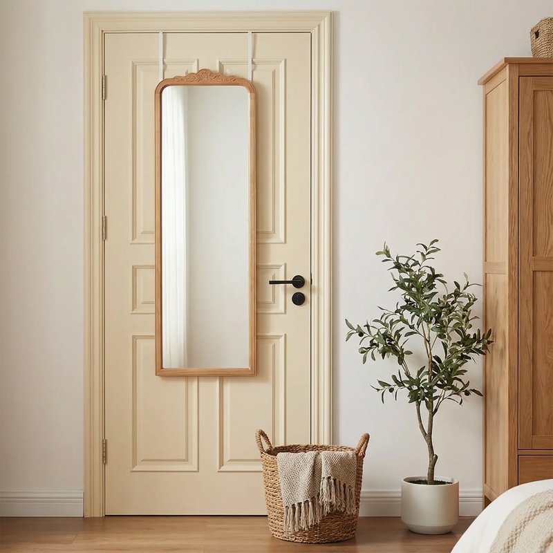 Over-the-Door Full-Length Mirror with Floral Carved Wood Frame - 16x48 Inches