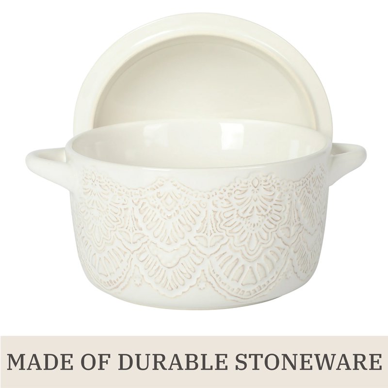Vintage Lace Ceramic Casserole Dish with Lid - 1 Qt, Linen