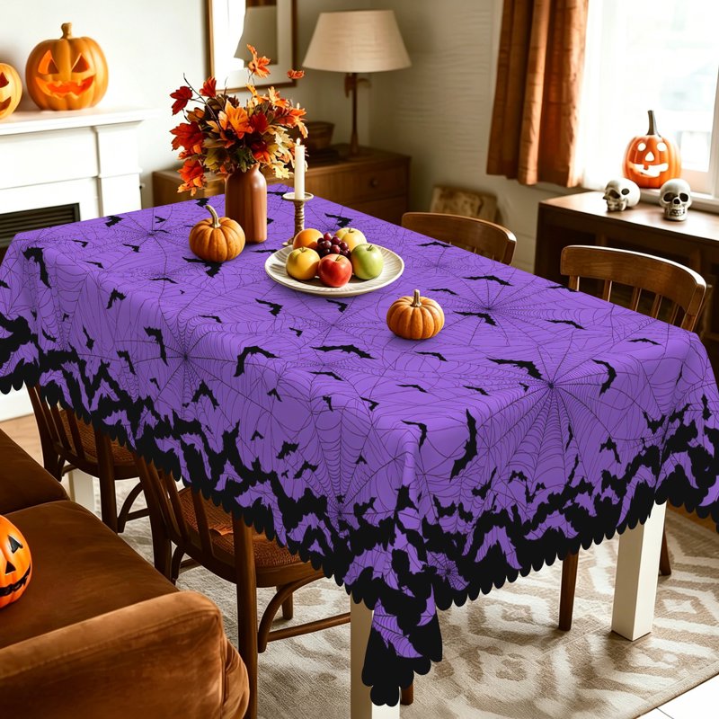 Halloween Bat & Spider Web Tablecloth - 60x84 Inch, Purple & Black, Rectangular