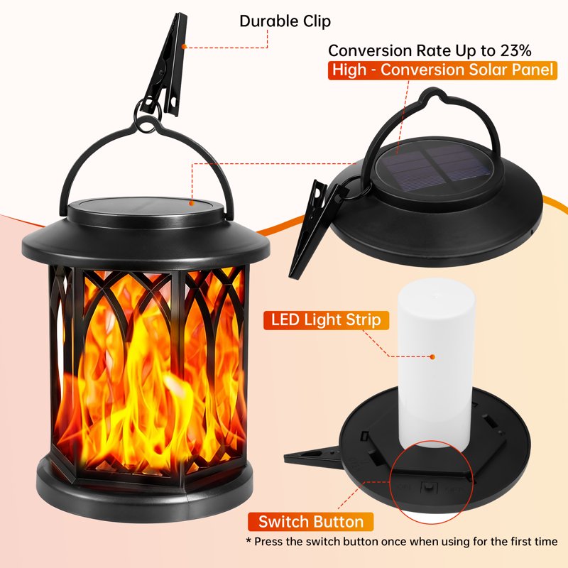 Outdoor Solar Lanterns 2-Pack Waterproof Flickering Flame Decorative Lights