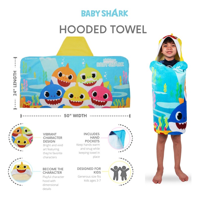 Baby Shark Kids Hooded Cotton Towel - Fun Bath and Beach Wrap