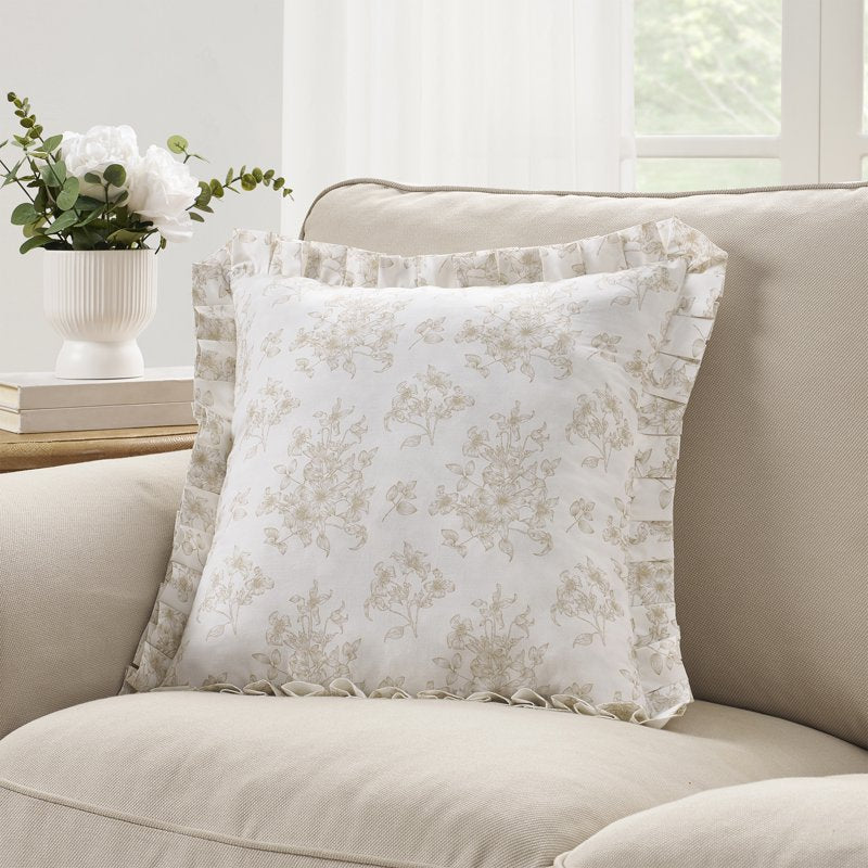 Decorative Pillow - Floral Toile with Pleated Trim - White & Beige - 18x18 Inches