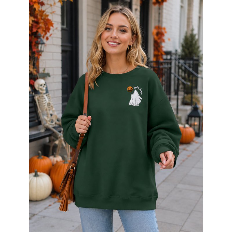 Dark Green Halloween Sweatshirt Women Spooky Season Ghost Pumpkin Pullover XXL