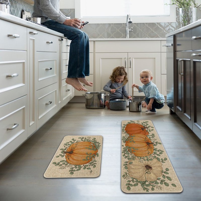 Halloween Door Mat Set - Orange Pumpkin Decor for Floor, 2-Piece