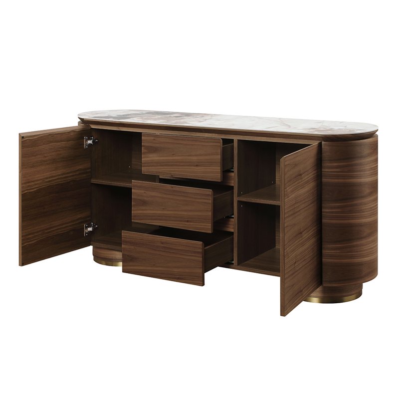 Contemporary Walnut Wood Server with Ceramic Top - 3 Drawers & 2 Doors