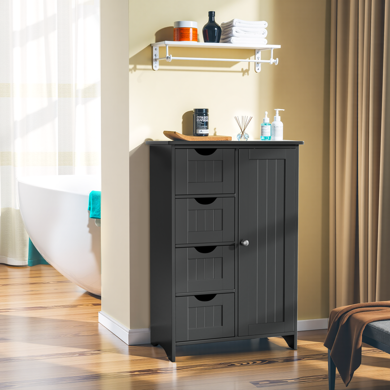 Bathroom Storage Cabinet with 4 Drawers and Cupboard - Black - Freestanding
