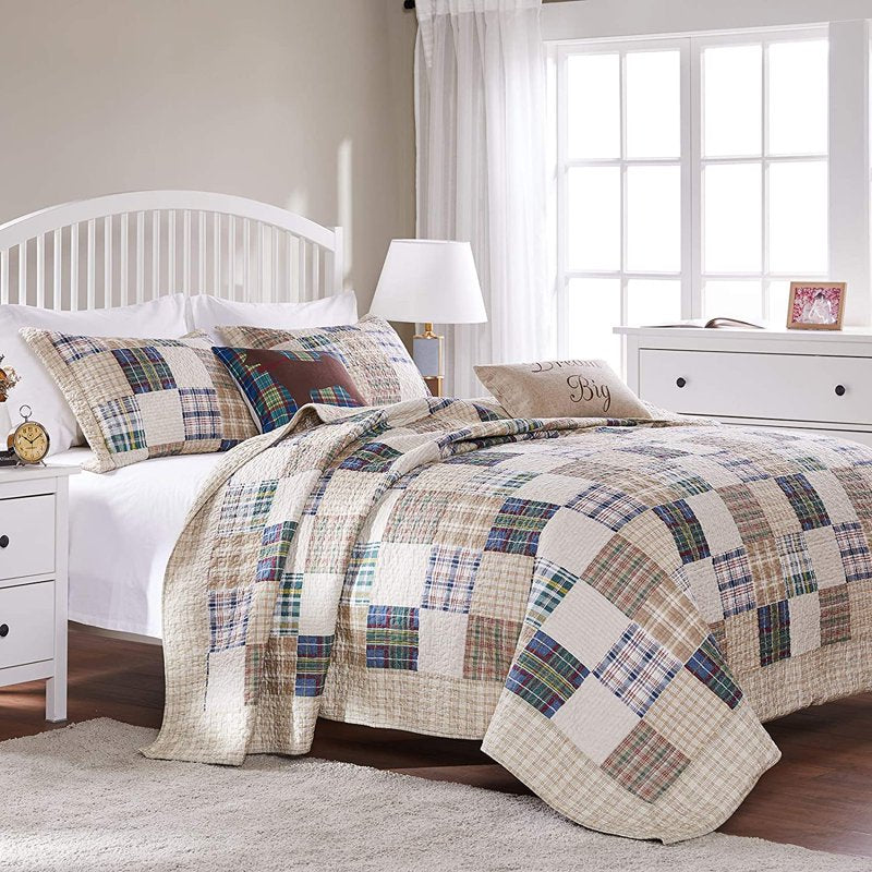 Twin XL Reversible Cotton Quilt Set - Taupe, Oxford Plaid Pattern