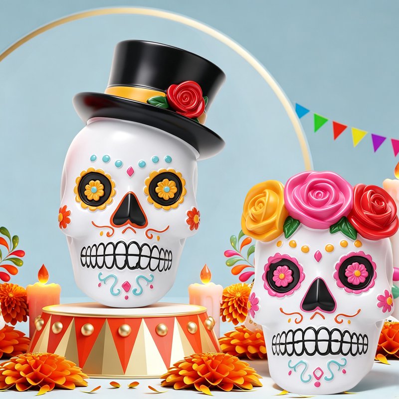 Resin Day of the Dead Skull Couple Figurines Halloween Decor Black White