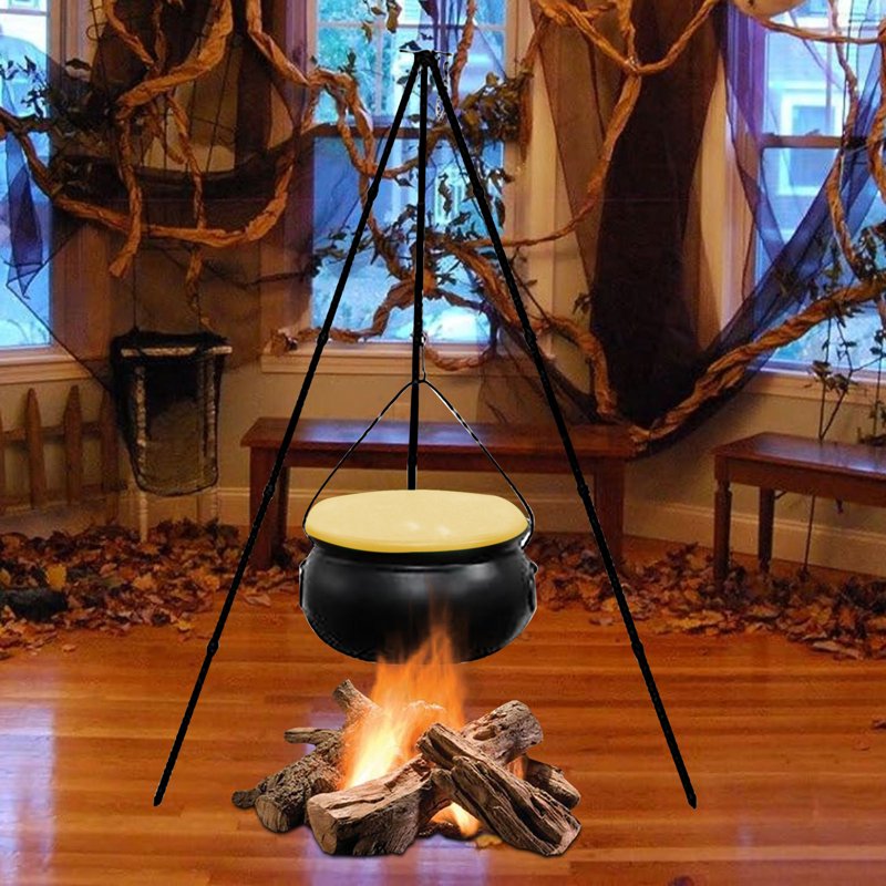 Halloween Outdoor Decor Witch Cauldron with Tripod & Timer Lights - Beige 30.4 x 7.8 inches
